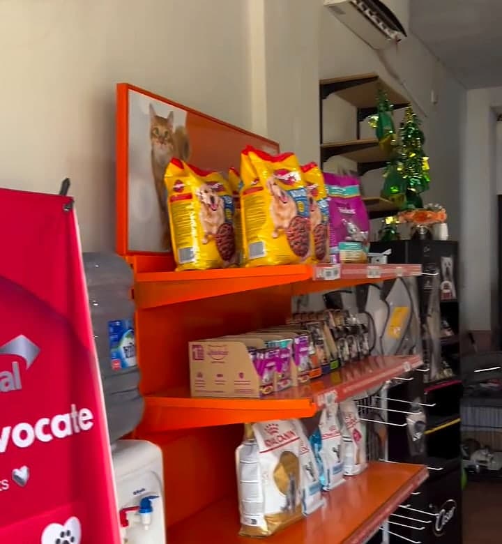 Rak pet shop Animal Life Care berisi makanan kucing dan anjing